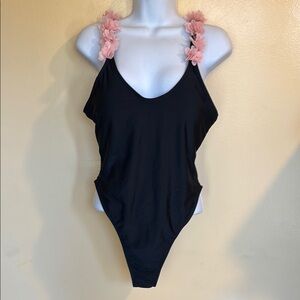 SHEIN Black and Pink Bodysuit with Floral Accents